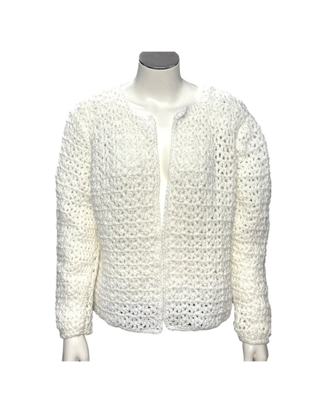 Crochet Open Front Off White Sweater Handmade Knit Cozy Loose Fit Boho Cardigan